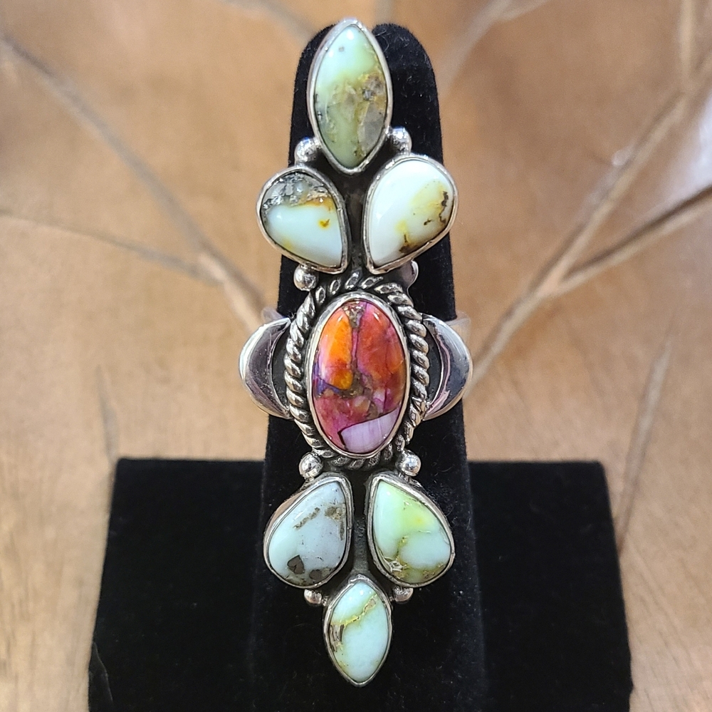 Palomino Turquoise & Spiny Oyster Sterling Silver Adjustable Stacker Ring 6